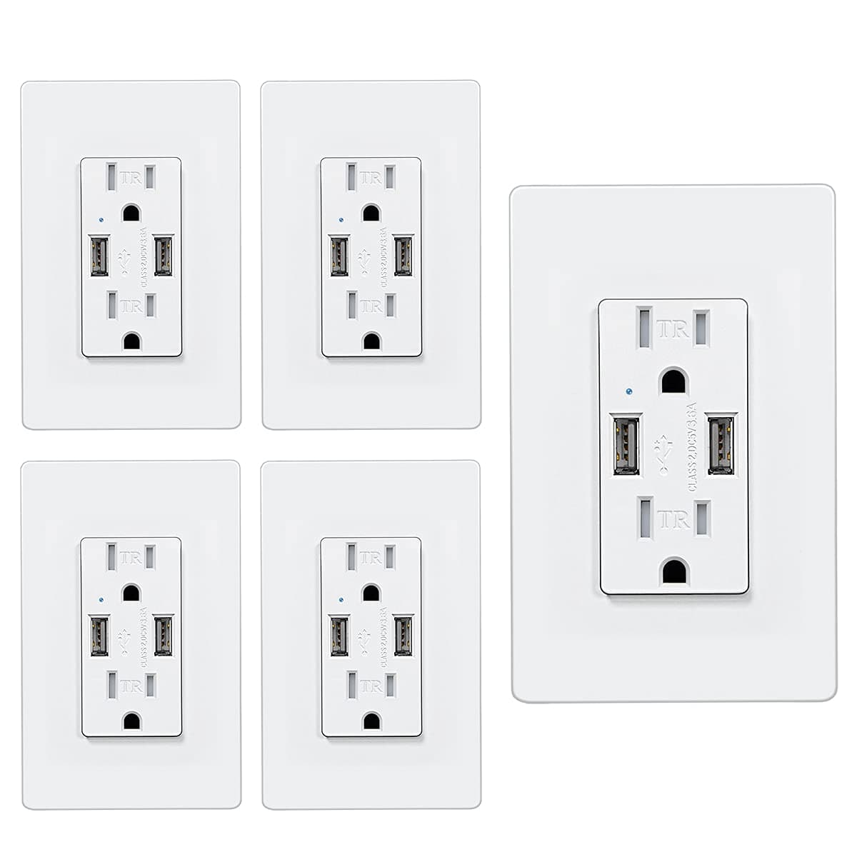 (5 Pack) CML 15 Amp USB Receptacle Outlet with 3.6A USB Charging Ports, Tamper Resistant, Screwless Wallplate Included, UL Listed