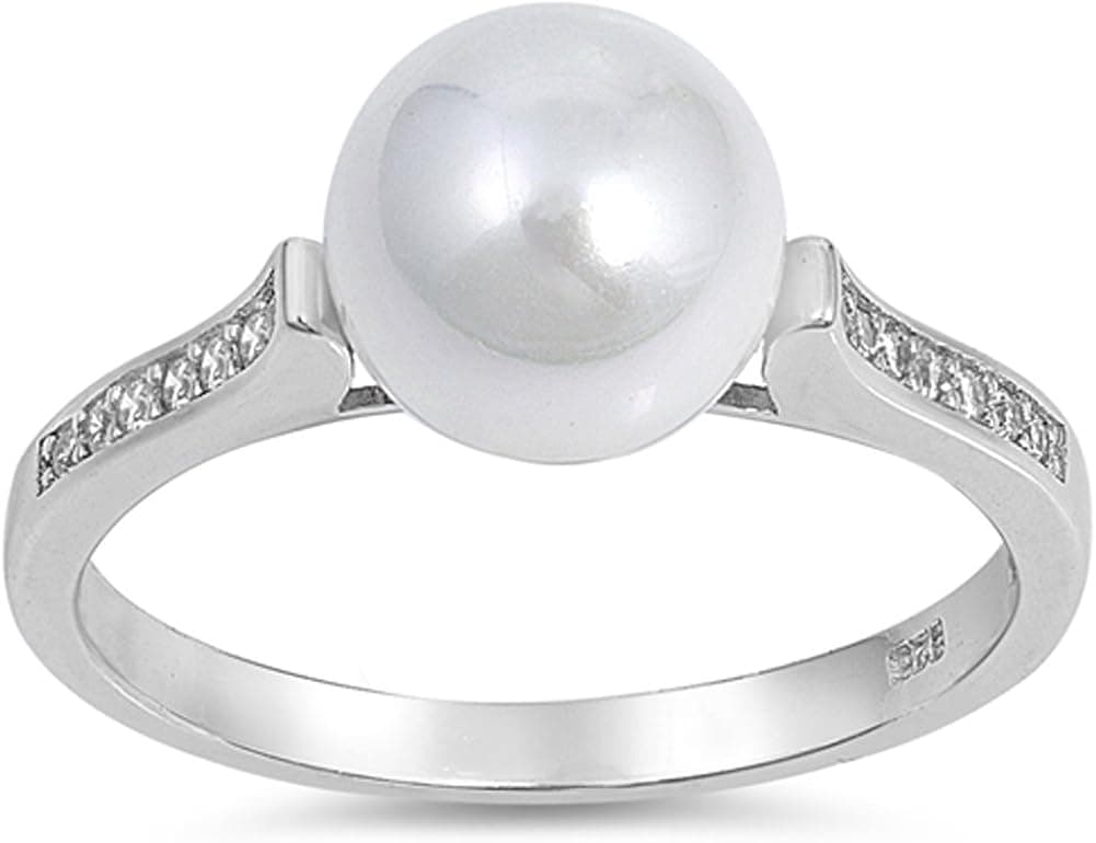 White CZ Simulated Pearl Beautiful Ring New 925 Sterling Silver Band Sizes 5-10