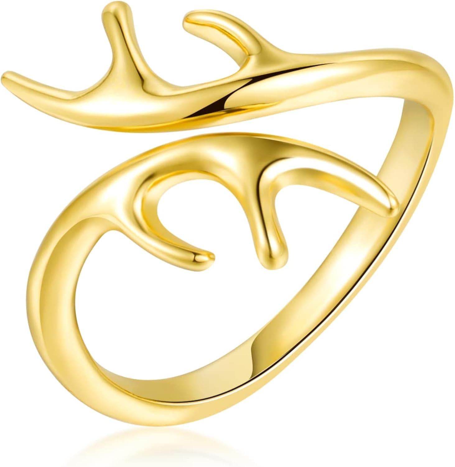 YKYLHSYXR Women's Elk Deer Antlers Ring - Gold/Silver Plated Country Forest Hunting Ring, Personality Cowgirl Ring Jewelry Birthday Christmas Gift, Adjustable Ring Size to 6 7 8 9 10 11.