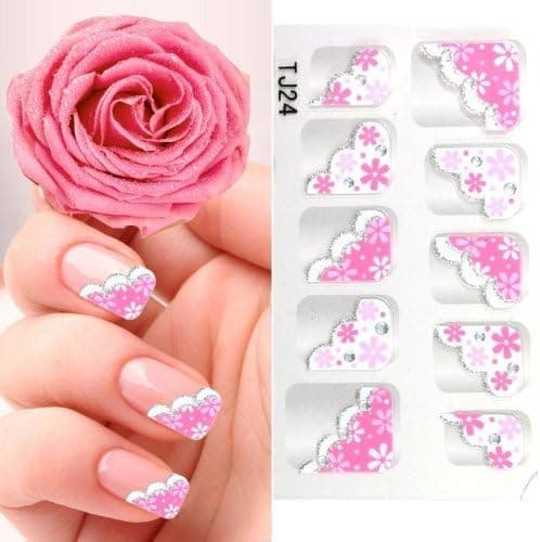 YiMei Nail art nail stickers fashion French nail decals pink and white flowers by YiMei