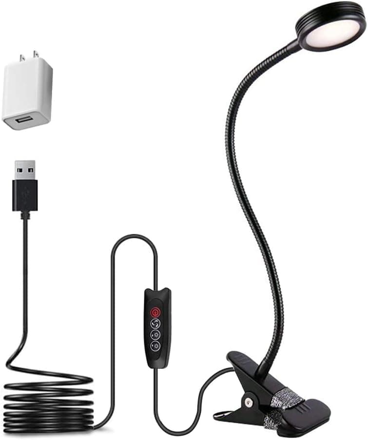 EYOCEAN Clip on Light Reading Lights, Desk Lamps, Eye Protection Kids Desk Lamp with Strong Clamp, Flexible Night Light 3 Modes 9 Dimming Levels(Included AC Adapter) Black