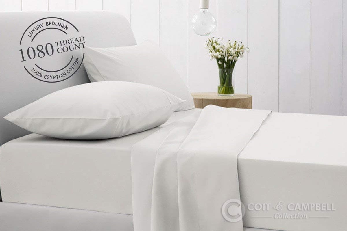 Coit & Campbell Premium Hotel Collection Oeko-TEX® Certified Solid 1080 Thread Count Deep Pocket 100% Egyptian Cotton Sateen Sheet Set (White, Queen Size)