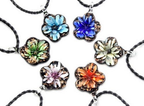Murano Flower Shaped 3D Flower Gold Dust Glass Pendant Necklace 6PC Mix Color Set