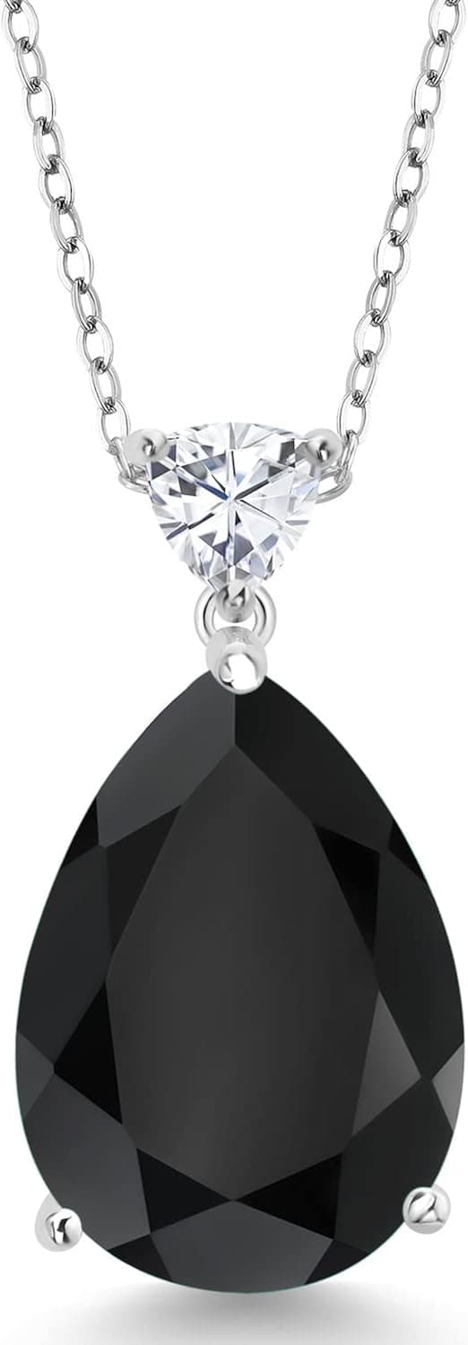 Gem Stone King 925 Sterling Silver Pear Shape Black Onyx and White Moissanite Pendant Necklace For Women (10.38 Cttw, Gemstone Birthstone, with 18 Inch Chain)
