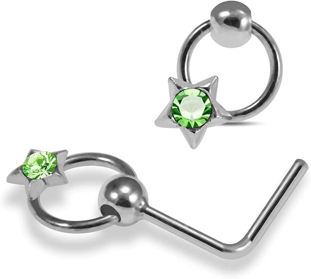 Nose Stud Jeweled Star on Moving Ring 925 Sterling Silver 22 Gauge L Shaped