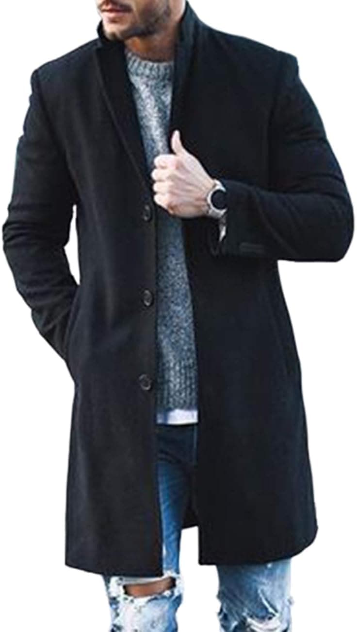 Men's Solid Wool Blend Slim Long Top Coat Outerwear Single Breasted Long Sleeve Lapel Neck Trench Jacket