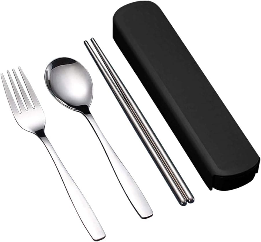 ArderLive Portable Flatware Set, 18/8 Stainless Steel Travel Cutlery Utensil Set, 3-piece Portable Tableware Set includes Spoon, Chopsticks with Case for Outdoor Office, Traveling (Pull-out box+Black)