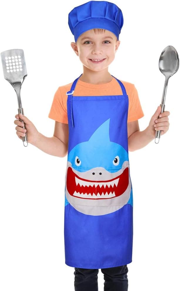 Kids Chef Hat and Apron for Girls Boys Toddler Cooking Aprons with Adjustable Strap and 2 Pockets, Blue Shark, M(Age 3-7)