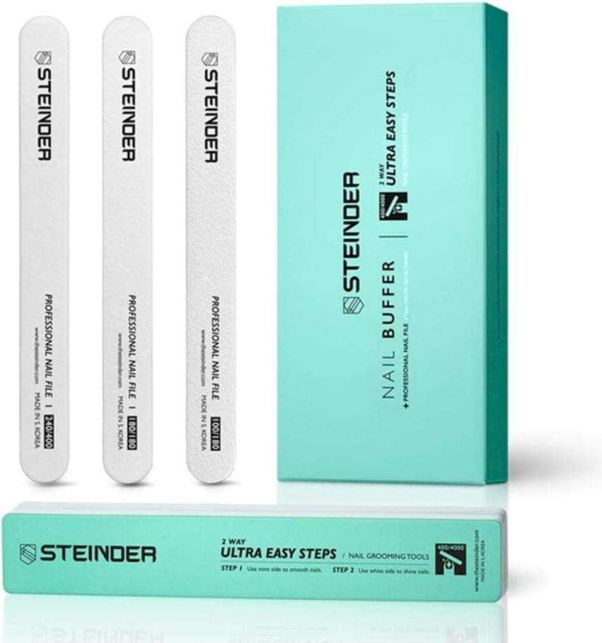 Steinder Nail Files & Buffer Korean Made, 2 Way Professional Manicure Shining Tools Kit, 3 Files +1 Buffer, Nail Polish Organizer, buffers and Shine kit, ( 3 pcs of 100-180-240 grit Nail Files)