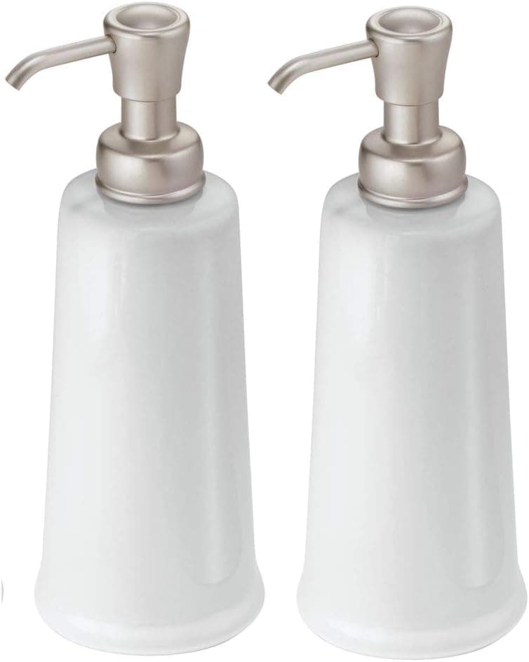 mDesign Modern Bathroom Ceramic Refillable Liquid Soap Dispenser Pump Bottle for Vanity Counter Tops, Kitchen Sink - Holds Hand Soap, Dish Soap, Hand Sanitizer & Essential Oils - 2 Pack - White/Satin