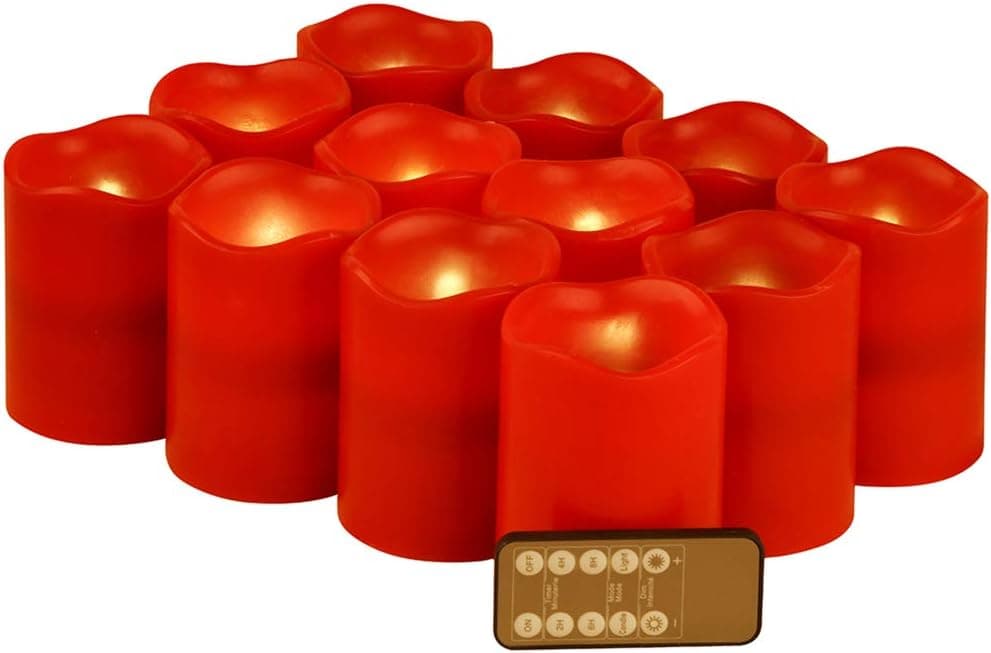 Red Flameless Candles LED Lights Set of 12 (D:3" X H:4") Realistic Flickering Electric Candles Battery Operated, Real Wax Moving Wick LED Pillar Candle Sets with Remote Control Timer