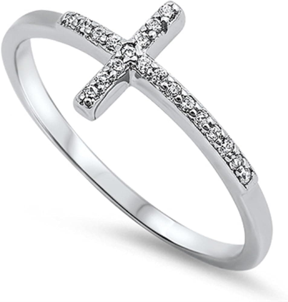 CloseoutWarehouse Cubic Zirconia Saint John Sideway Cross Ring Sterling Silver (Color Options, Sizes 3-13)