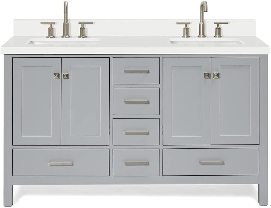 ARIEL 61" Inch Grey Double Bathroom Vanity with Pure White Quartz Countertop | Rectangle Sinks | 4 Soft Closing Doors and 6 Full Extension Dovetail Drawers | No Mirror