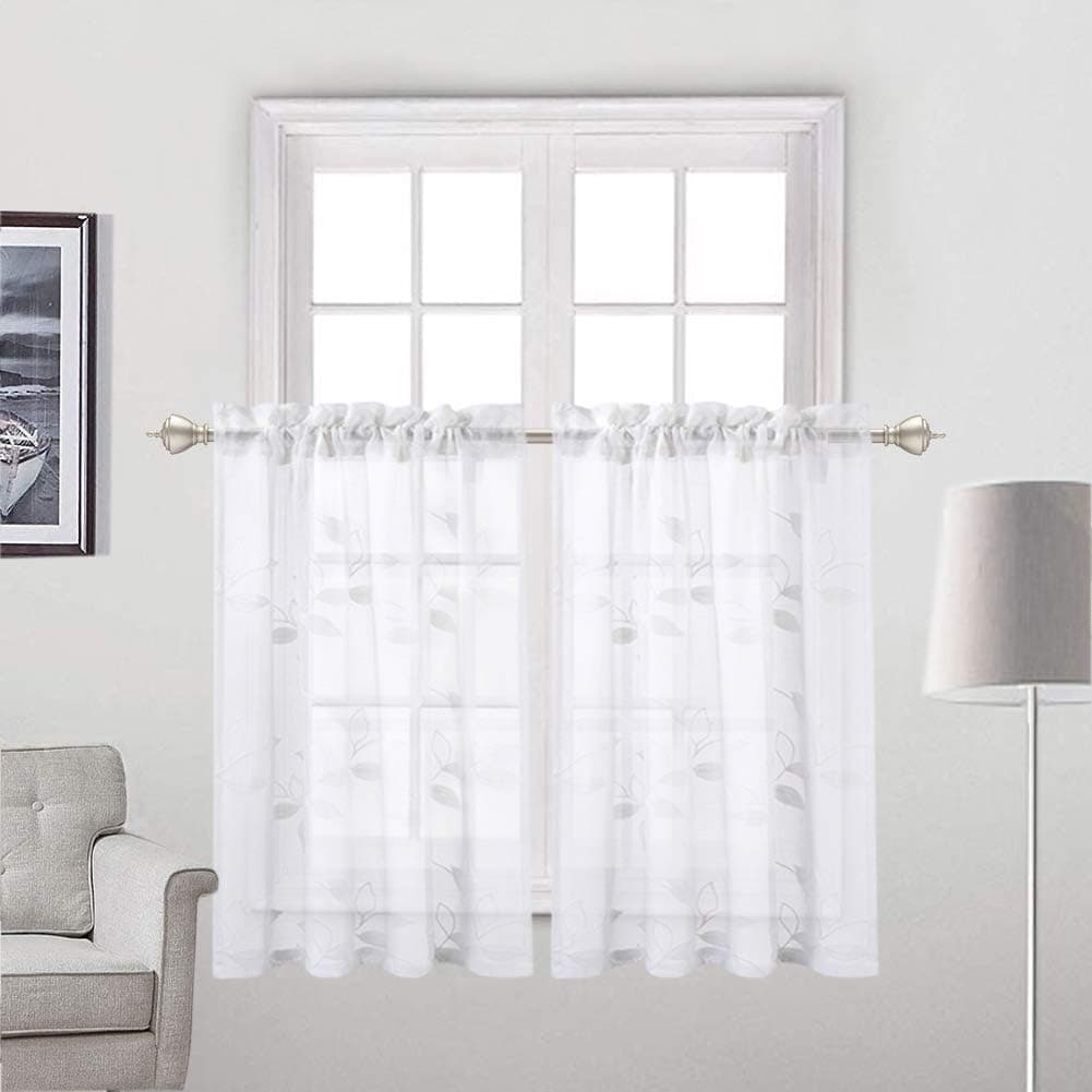 Haperlare Embroidered Sheer Tier Curtains, Leaves Pattern Matched Ribbon Embroidery Short Window Curtain, Rod Pockrt Floral Half Window Voile Kitchen Cafe Curtains, 26" x 24", White, Set of 2