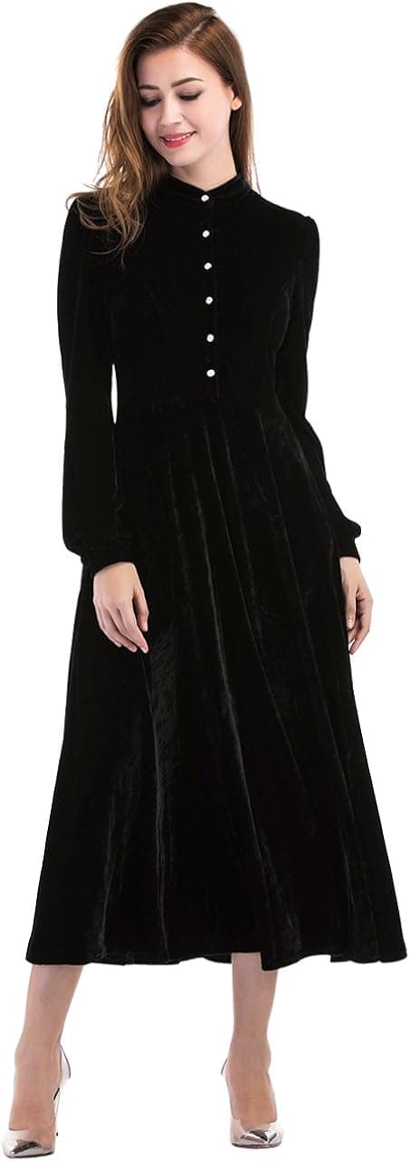 CHIC DIARY A-line Dresses for Women Wedding Evening Party Velvet Swing Vintage Long Sleeves Midi Dress (US M=Tag Size L) Black
