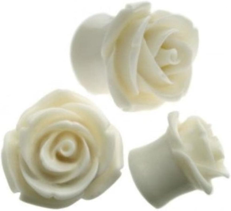 CloseoutWarehouse Resin Organic White Hybrid Tea Rose Earplugs Size 6G 4MM