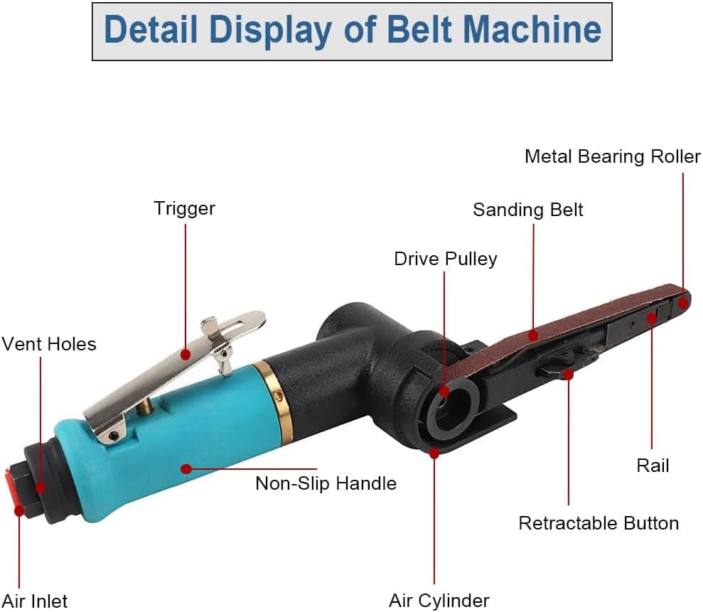 SI FANG Intensive Air Belt Sander 3/8''x 13'' with 16Pcs Sanding Belts (Grit 40 60 80 120 each 4pc), Mini Pneumatic Tool for Metal, Wood, Plastics, Rubber, Providing Polishing, Stripping & Sanding