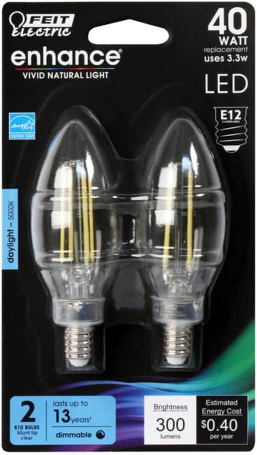 Feit Electric BPCTC40950CAFIL/2/RP 40W EQ DM Candelabra LED Light Bulb, 2 Bulbs