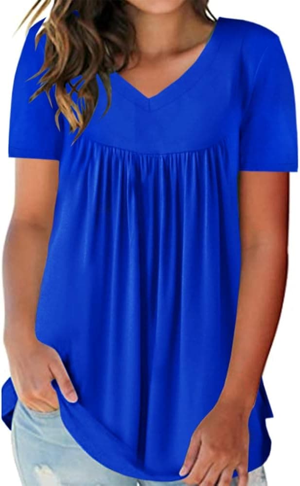 YONYWA Womens Short Sleeve V Neck T Shirts Casual Pleated Tunic Tops Summer Basic Flowy Blouses Blue