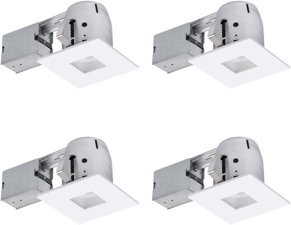 4" LED IC Rated Die-Cast Swivel Baffle Square Trim Recessed Lighting Kit 4-Pack, White, Easy Install Push-N-Click Clips, LED Bulbs Included, 3.88" Hole Size,90949