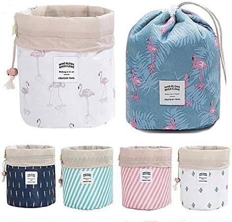 Xiangtat Travel Cosmetic Bag Travel Makeup Bag Organizer Women Girls Barrel Shaped Hanging Toiletry Wash Bags Drawstring Makeup Storage Bag + Small Pouch+ Clear PVC Brush Bag (Pink Strip)