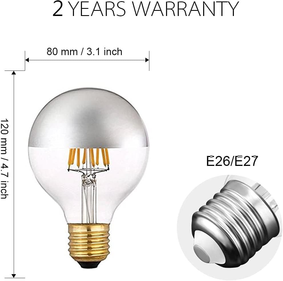Half Chrome Retro LED Filament Bulb G25/G80 4W Edison Bulb, Silver Bowl Tipped, E26 Base, Soft Warm White 2700K, 40W Equivalent, 110-120VAC, Dimmable (4)