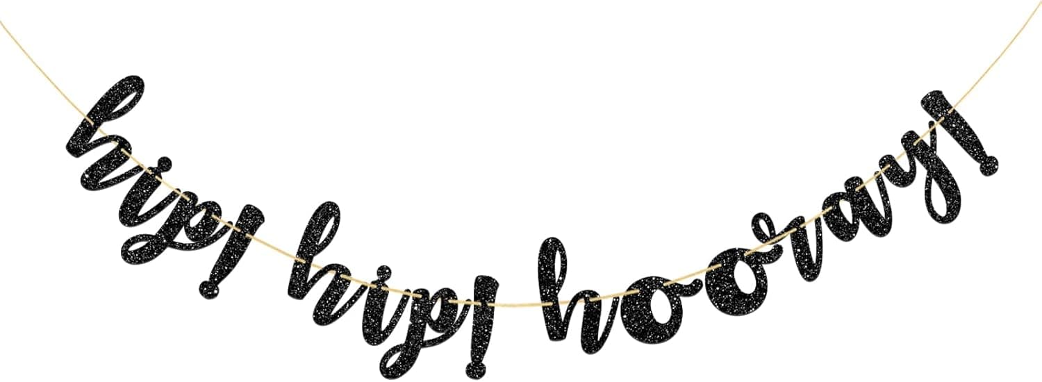HIP! HIP! HOORAY! Banner Cheers Banner, Birthday, Housewarming, Easter Party Decorations (Black Glitter)