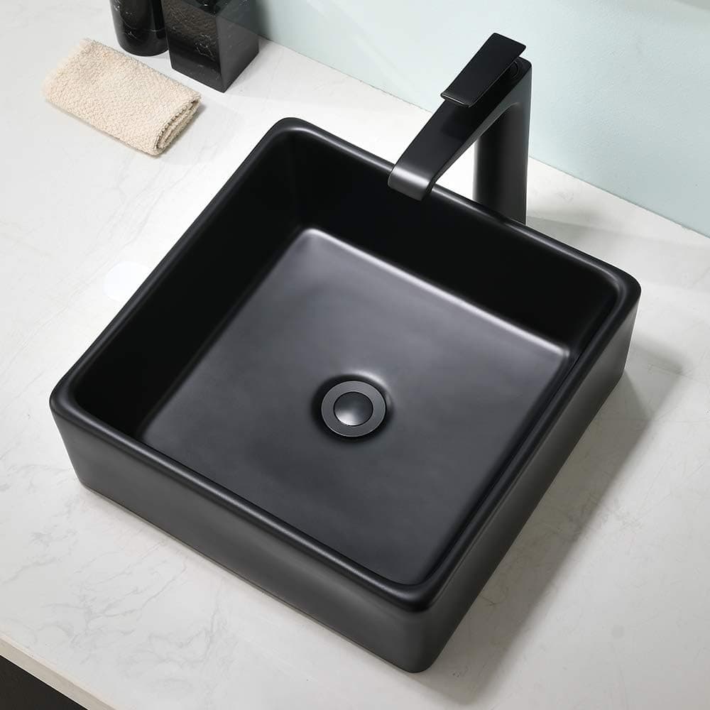 Matte Black Bathroom Sink Square-SOMRXO 15"X15" Black Bathroom Vessel Sink Ceramic Square Top Mount Bathroom Vanity Vessel Farmhouse Sink