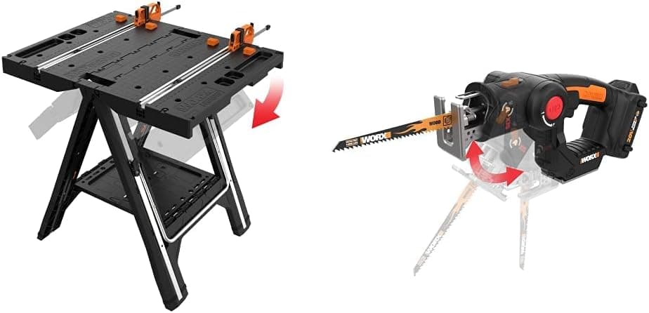 WORX Pegasus Multi-Function Work Table and Sawhorse with Quick Clamps and Holding Pegs – WX051 with AXIS 2-in-1 Reciprocating Saw and Jigsaw with Orbital Mode
