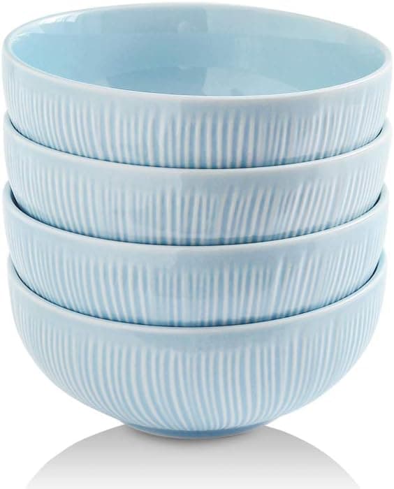 KOOV Porcelain Cereal Bowls Set, 34 Ounce Ceramic Soup Bowls, Large Bowl As Ramen Bowls, Salad Bowls, For Oatmeal, Chip, Set of 4, Irregular Striped Series (7 inch, Sky)