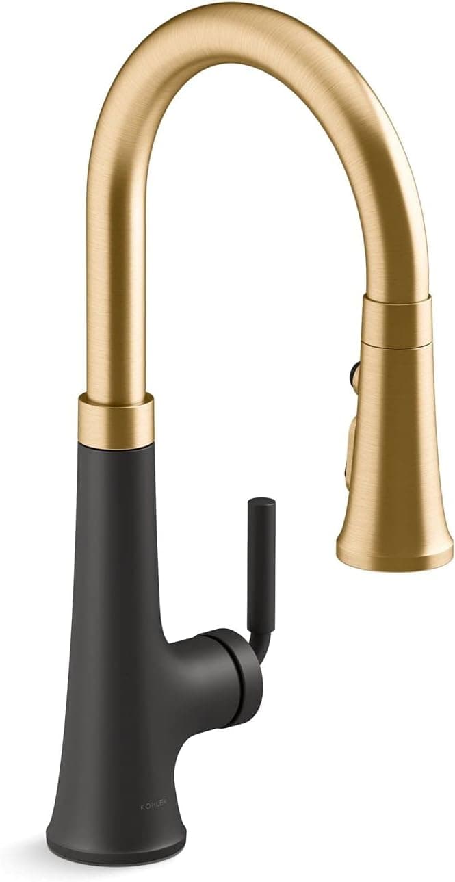 KOHLER 23764-BMB Tone, Kitchen Sink Faucets with Pull Down Sprayer, Matte Black with Moderne Brass
