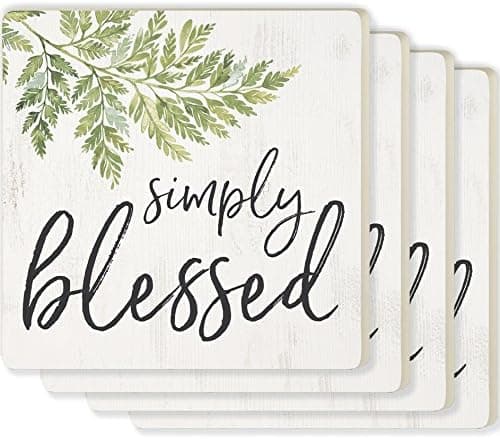 Simply Blessed Greenery White 4 x 4 Absorbent Ceramic Coasters Set of 4