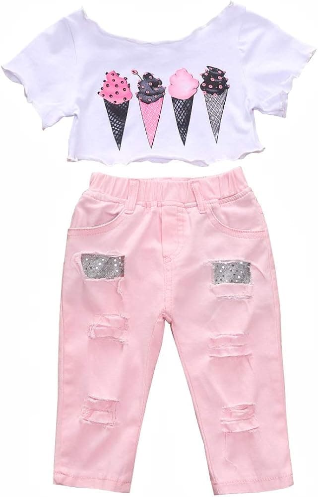 Kids Clothing Baby Girls Off Shoulder Top Ripped Jeans Clothes Sets Toddler Outfits