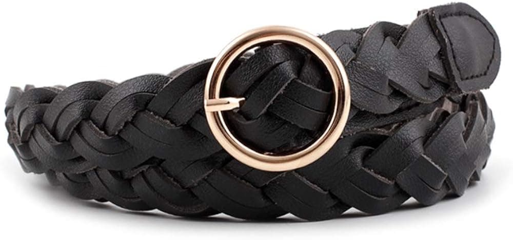 AYA Women's Braided Leather Belt | Skinny, Waist Belt for Dresses, Jeans & Skirts | O-Ring Golden Buckle Fashion Women’s Belt