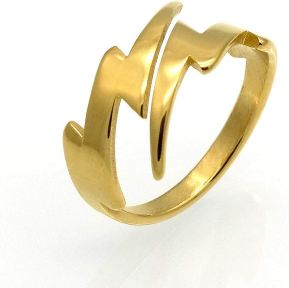 NewZenro Double Lightning Bolt Wrap Open Ring for Men Boys Women Fashion Punk Stainless Steel Personalized Unique Statement Engagement Finger Rings Jewelry Gifts BFF Birthday Son Gold Plated Size 6-9