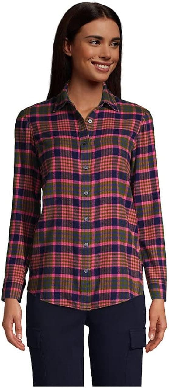 Lands' End Womens Flannel Boyfriend Long Sleeve Shirt Diode Pink Plaid Regular X-Large