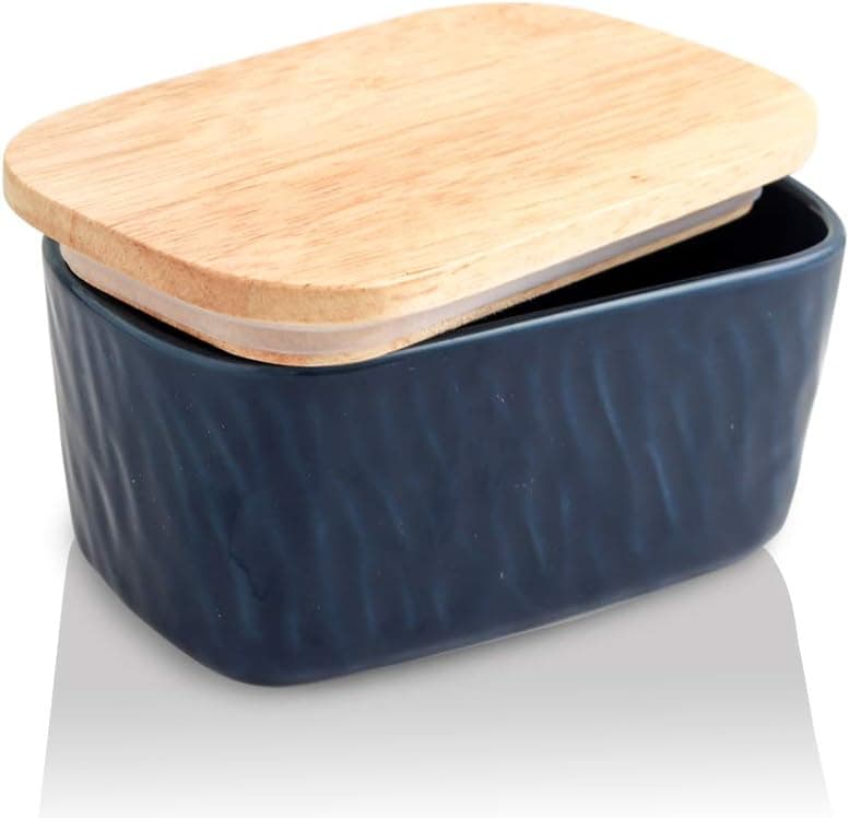 KOOV Porcelain Large Butter Dish with Lid for Countertop, Airtight Butter Container with Oak Lid, Butter Crock, Perfect for 2 Sticks of Butter, Texture Series (Dark Blue)
