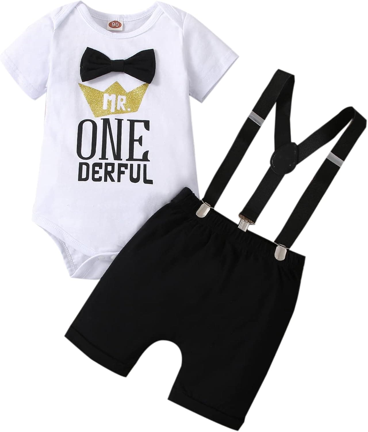 vivifayee Baby Boy One 1st Birthday Outfits Infant Clothes Short Sleeve Bow Tie Romper Pants Set Suspenders