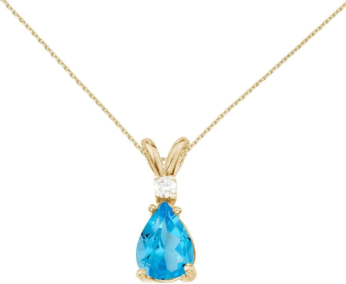 14k Yellow Gold Pear Shaped Blue Topaz and Diamond Pendant with 18" Chain