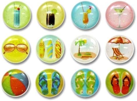 3D Semi-circular Summer Season Relax Beach Ball Sandals Flip Flops Fruit Cocktail Drinks Surf Board 12 Pieces Bubble Home Button Stickers with Glitter for iPhone 5 4/4s 3GS 3G, iPad 2, iPad Mini, iTouch