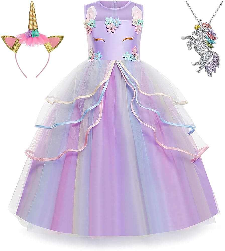 Yipkorra Unicorn Dress for Girls Unicorn Costume Pageant Princess Party Birthday Long Gown with Unicorn Headband & Necklace