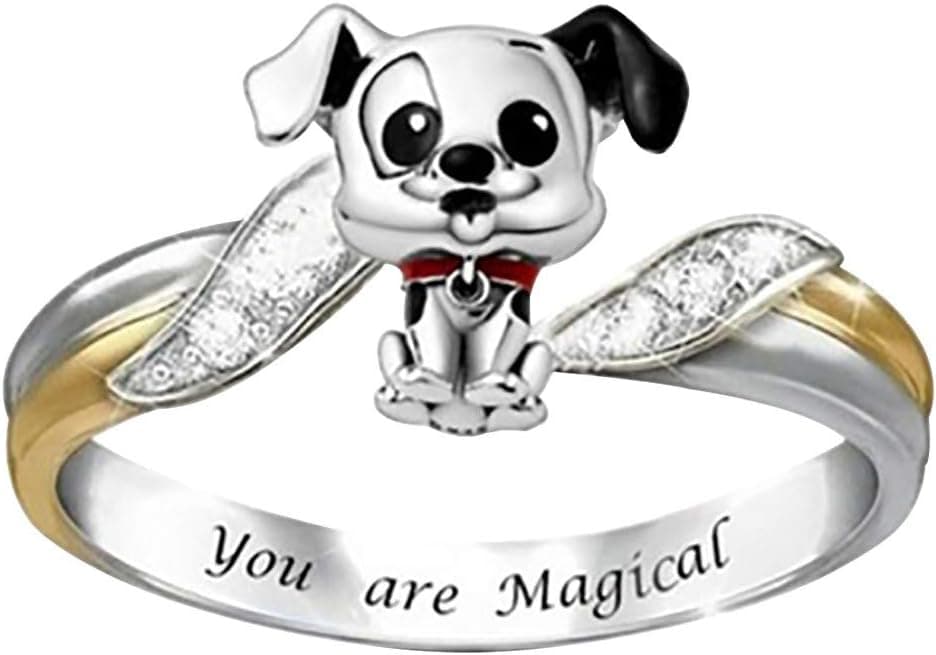 Cnebo Cute Cat Dog Diamond Ring, Best Gift for Pet Lover, Personalized Letter Cubic Zirconia Rhinestone Ring, Fashion Crystal Jewelry for Women Teen Girls, Birthday Gift