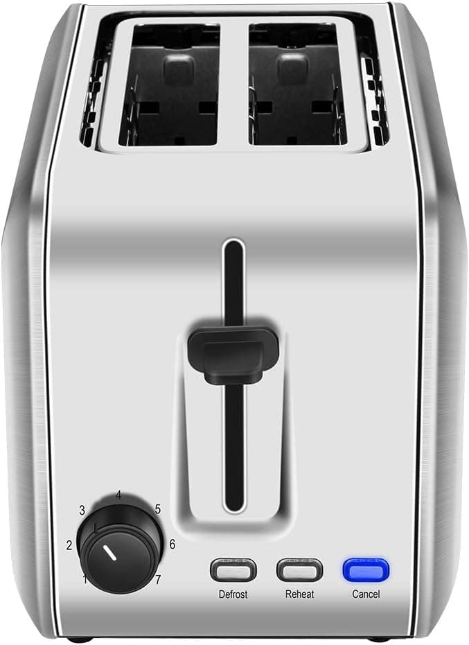 Toaster 2 Slice Wide Slot, CUSIBOX Stainless Steel Toaster Bread Toaster with Removable Crumb Tray, 7 Bread Browning Settings, REHEAT/DEFROST/CANCEL Function, 750W, ST013