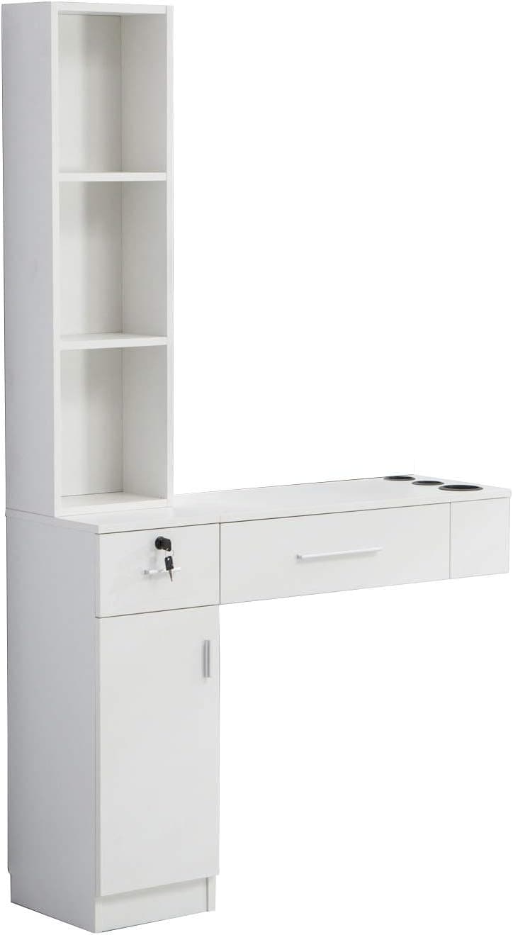 BarberPub Locking Wall Mount Hair Styling Barber Station Without Mirror Dressing Table (White)