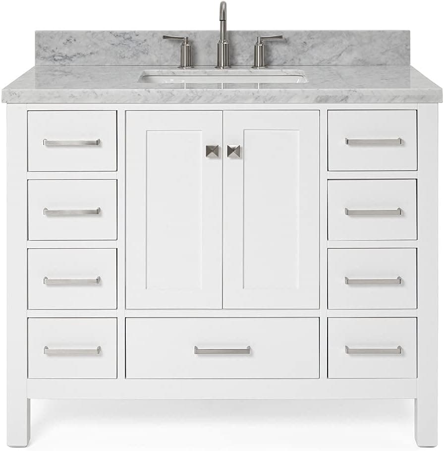 DKB Beckford Series 43" Inch Single Rectangle Sink Bathroom Vanity Cabinet in White | Carrara White Marble Countertop | 2 Soft Closing Doors | 9 Full Extension Dovetail Drawers | No Mirror