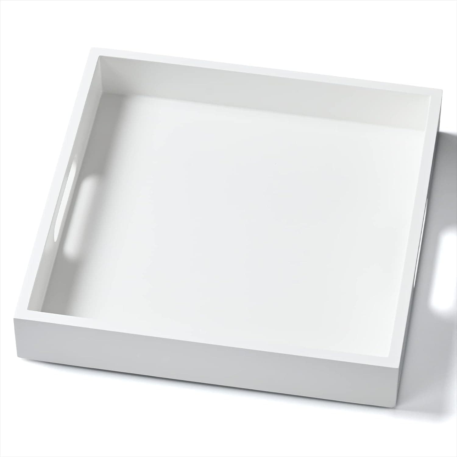 White Wooden Serving Tray with Handles, 12"x12"x2"H Square Countertop Organizer Tray, Decorative Cosmetics Tray for Kitchen, Bathroom, Sturdy Food Tray for Breakfast, Tea