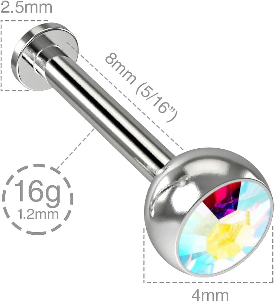 2pc 16g Tragus Labret Stud Earrings Surgical Steel 8mm CZ Gem Crystal Gem 4mm Piercing Jewelry Rings