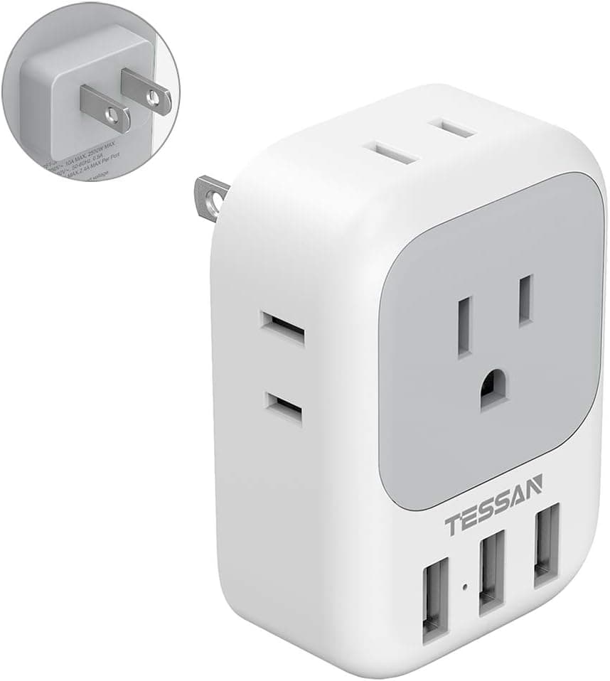 TESSAN US to Japan Plug Adapter, 2 Prong to 3 Prong Outlet Adapter with 4 AC Outlets 3 USB Ports, Travel Power Plug Adaptor for USA to Japanese Canada Mexico Philippines Peru, Type A
