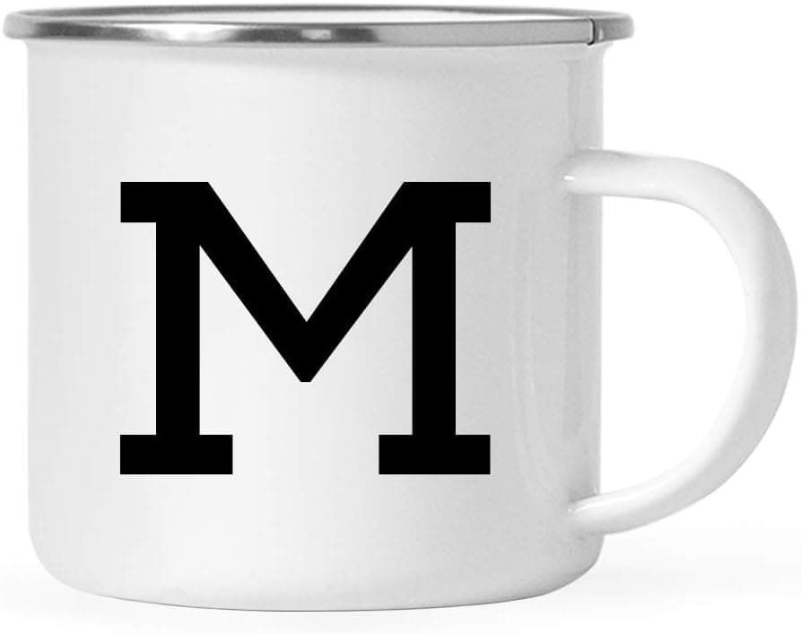 Andaz Press 11oz. Stainless Steel Campfire Coffee Mug Gift, Camp Monogram Initial M, 1-Pack, Birthday Christmas Outdoors Metal Enamel Camping Cup