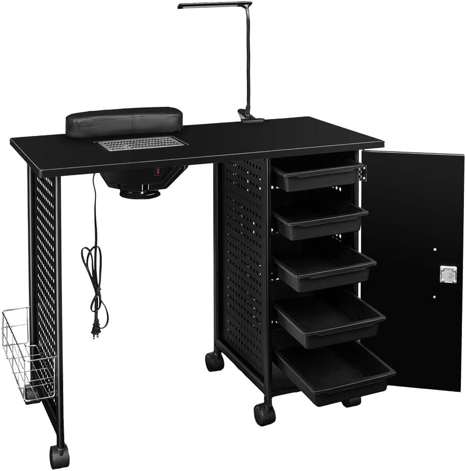 Winado Manicure Nail Table Station w/Single Lockable Cabinets & Side Basket, Salon Spa Nail Desk with Electric Downdraft Vent, LED Lamp, Arm Rest, Locking Castors